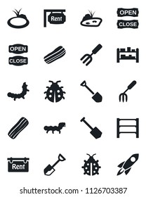 Set of vector isolated black icon - job vector, garden fork, shovel, lady bug, caterpillar, pond, rack, rent, bacon, open close, rocket
