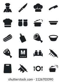 Set of vector isolated black icon - cook vector, cafe, hat, menu, bacon, salt and pepper, ham, bowl, rolling pin, cutting board, knife, steaming pan