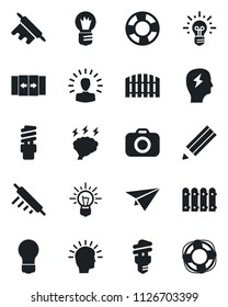 Set of vector isolated black icon - automatic door vector, brainstorm, bulb, camera, pencil, fence, rolling pin, energy saving, shining head, idea, paper plane, crisis management