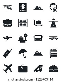 Set of vector isolated black icon - runway vector, suitcase, baggage trolley, airport bus, umbrella, passport, ladder car, helicopter, seat map, luggage storage, scales, plane globe, mountains, case