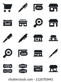 Set of vector isolated black icon - shop vector, pen, store, search cargo, sale, sold signboard, cafe building, open close, cart, storefront