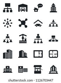 Set of vector isolated black icon - hierarchy vector, well, hospital, molecule, office building, garage, plan, home message