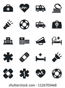 Set of vector isolated black icon - hose vector, heart pulse, doctor case, patch, ambulance star, car, hospital bed, loudspeaker, torch, crisis management