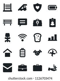 Set of vector isolated black icon - ladder car vector, office chair, case, ripper, bench, doctor, heart shield, warehouse storage, battery, message, mail, bar graph, abacus, handshake, wireless