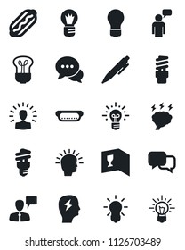 Set of vector isolated black icon - speaking man vector, pen, brainstorm, bulb, dialog, wine card, hot dog, energy saving, shining head, idea