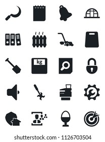 Set of vector isolated black icon - document search vector, notepad, job, lawn mower, sickle, greenhouse, ripper, scales, bell, lock, root setup, hr, paper binder, copier, heater, egg stand, sound