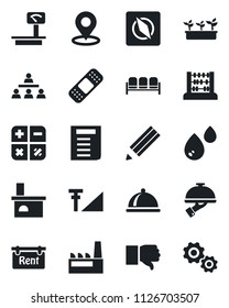 Set of vector isolated black icon - waiting area vector, calculator, abacus, document, seedling, fireplace, patch, heavy scales, finger down, place tag, compass, cellular signal, hierarchy, pencil