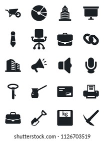 Set of vector isolated black icon - case vector, tie, presentation board, shovel, wheelbarrow, scales, microphone, chain, mail, office building, pie graph, printer, turkish coffee, sound, chair