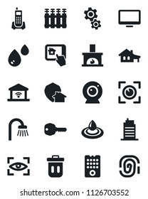 Set of vector isolated black icon - office phone vector, monitor, house with garage, key, bathroom, fireplace, city, remote control, web camera, home app, gear, water, radiator, gate, eye scan