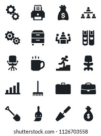 Set of vector isolated black icon - office chair vector, case, money bag, job, trowel, rake, themes, coffee, bar graph, meeting, printer, archive box, hierarchy, career ladder, book, gear