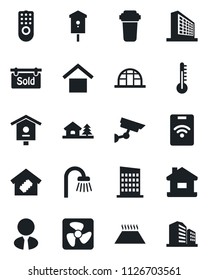 Set of vector isolated black icon - office building vector, greenhouse, bird house, warehouse storage, with tree, sold signboard, estate agent, bathroom, smart home, city, fan, remote control