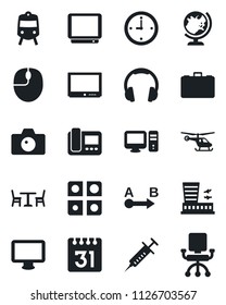 Set of vector isolated black icon - cafe vector, train, globe, camera, helicopter, airport building, case, mouse, syringe, route, tv, headphones, monitor, calendar, application, clock, intercome, pc