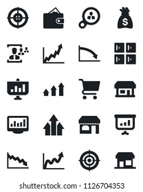 Set of vector isolated black icon - shop vector, checkroom, money bag, store, monitor statistics, hr, target, consumer search, arrow up graph, wallet, growth, crisis, cart, presentation, storefront