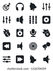 Set of vector isolated black icon - vinyl vector, flame disk, microphone, speaker, settings, headphones, fast forward, rewind, rec button, tuning, bell, music, sound