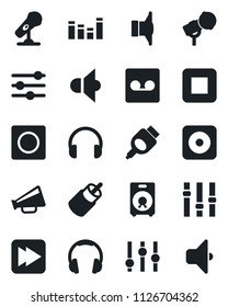 Set of vector isolated black icon - microphone vector, speaker, loudspeaker, settings, equalizer, headphones, stop button, fast forward, rec, rca, hdmi, tuning, record, sound