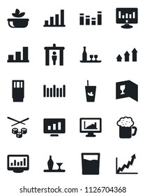 Set of vector isolated black icon - security gate vector, statistic monitor, barcode, equalizer, statistics, bar graph, alcohol, wine card, drink, phyto, beer, salad, sushi, arrow up, growth