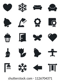 Set of vector isolated black icon - left arrow vector, butterfly, heart, tulip, themes, bell, sertificate, desk lamp, cushioned furniture, restaurant table, snowflake, outdoor, door, pennon