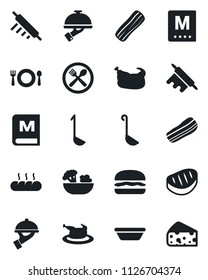 Set of vector isolated black icon - cafe vector, menu, salad, bacon, waiter, bread, chicken, steak, hamburger, ladle, bowl, rolling pin, cheese