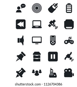 Set of vector isolated black icon - vinyl vector, satellite, speaker, gamepad, remote control, monitor, laptop pc, radio phone, group, paper pin, battery, pause button, rewind, rca, hdmi, video