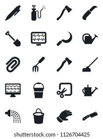 Set of vector isolated black icon - pen vector, job, garden fork, watering can, bucket, glove, hoe, sickle, knife, axe, sprayer, monitor pulse, cut, paper clip