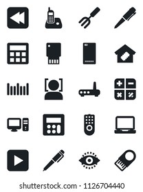 Set of vector isolated black icon - calculator vector, pen, garden fork, barcode, laptop pc, radio phone, play button, rewind, back, face id, eye, smart home, remote control, router, usb flash