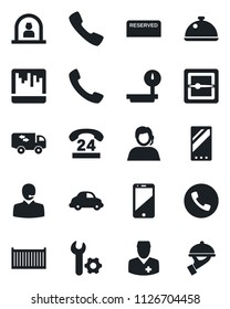 Set of vector isolated black icon - phone vector, reception, doctor, 24 hours, support, cargo container, car delivery, heavy scales, cell, mobile, call, scanner, root setup, moving, dish, reserved