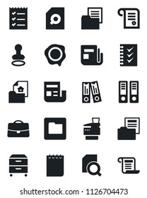 Set of vector isolated black icon - stamp vector, office binder, notepad, folder document, news, case, search, checklist, archive box, copier, estate, contract