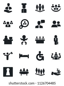 Set of vector isolated black icon - dispatcher vector, female, baby, bed, team, meeting, manager place, disabled, client, speaker, group, company, cook, consumer search, palm sproute