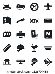 Set of vector isolated black icon - spoon and fork vector, cafe, restaurant table, wine card, menu, reserved, cocktail, plates, bacon, waiter, building, receipt, chicken, steak, bowl, knife, sushi
