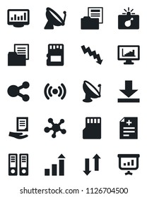 Set of vector isolated black icon - satellite antenna vector, bomb in case, growth statistic, office binder, crisis graph, document, diagnosis, folder, share, sd, data exchange, download, wireless