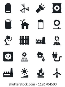 Set of vector isolated black icon - fire vector, oil barrel, battery, low, torch, brightness, desk lamp, sun panel, windmill, factory, home control, eco house, socket, power plug, radiator