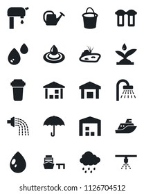 Set of vector isolated black icon - shower vector, watering can, bucket, water drop, rain, sea shipping, port, umbrella, warehouse, pond, supply, irrigation, filter, sprinkler