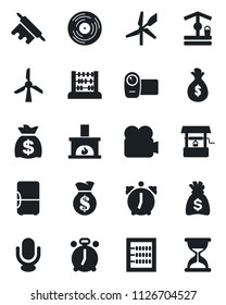 Set of vector isolated black icon - alarm clock vector, abacus, money bag, well, vinyl, video camera, microphone, fireplace, rolling pin, fridge, windmill, sand