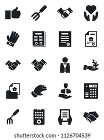 Set of vector isolated black icon - handshake vector, document, garden fork, glove, heart hand, client, finger up, contract, estate, waiter, remote control, combination lock, palm sproute