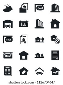Set of vector isolated black icon - office building vector, house, pond, contract, with tree, garage, estate document, sale, rent, sold signboard, smart home, insurance, eco