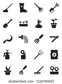 Set of vector isolated black icon - garden fork vector, shovel, farm, rake, seedling, watering, sproute, pruner, boot, hoe, sickle, sprayer, fertilizer, flower in pot