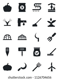 Set of vector isolated black icon - garden fork vector, farm, rake, well, hoe, sickle, plant label, pumpkin, greenhouse, fertilizer, drip irrigation, windmill