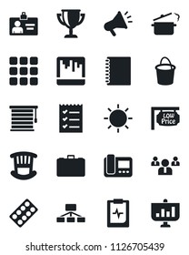 Set of vector isolated black icon - identity card vector, case, team, bucket, sun, pills blister, pulse clipboard, menu, scanner, copybook, checklist, low price signboard, children room, intercome