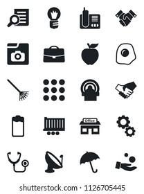 Set of vector isolated black icon - umbrella vector, document search, bulb, rake, stethoscope, tomography, store, truck trailer, satellite antenna, radio phone, battery, menu, photo gallery, case