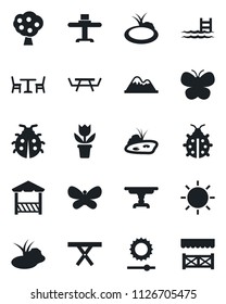 Set of vector isolated black icon - cafe vector, flower in pot, butterfly, lady bug, sun, pond, picnic table, brightness, pool, fruit tree, mountains, restaurant, alcove