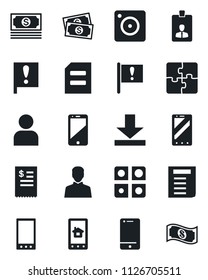 Set of vector isolated black icon - mobile phone vector, identity card, document, important flag, cash, cell, camera, user, download, application, restaurant receipt, home control app