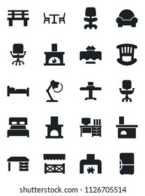 Set of vector isolated black icon - cafe vector, bed, office chair, desk, bench, fireplace, lamp, bedroom, children room, cushioned furniture, restaurant table, alcove, fridge