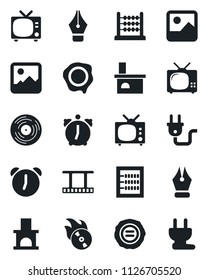 Set of vector isolated black icon - tv vector, stamp, fireplace, film frame, vinyl, flame disk, gallery, alarm, abacus, ink pen, power plug