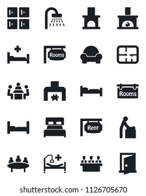Set of vector isolated black icon - baby room vector, bed, shower, checkroom, meeting, fireplace, hospital, plan, rent, rooms, bedroom, cushioned furniture, door