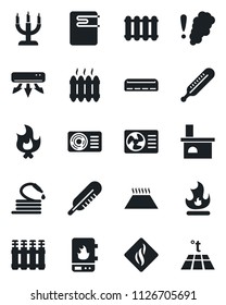 Set of vector isolated black icon - fire vector, hose, fireplace, thermometer, heater, air conditioner, candle, water, smoke detector, radiator, warm floor