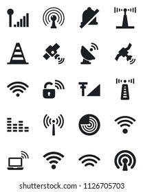 Set of vector isolated black icon - antenna vector, wireless notebook, border cone, radar, satellite, equalizer, mute, cellular signal, lock