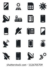 Set of vector isolated black icon - satellite antenna vector, mobile phone, virus, cell, low battery, back, sim, mute, office, sun panel