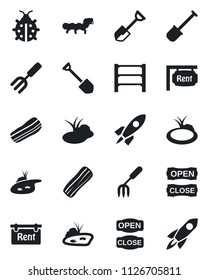 Set of vector isolated black icon - job vector, garden fork, shovel, lady bug, caterpillar, pond, rack, rent, bacon, open close, rocket