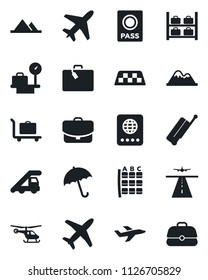 Set of vector isolated black icon - plane vector, runway, taxi, suitcase, baggage trolley, umbrella, passport, ladder car, helicopter, seat map, luggage storage, scales, mountains, case