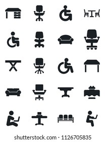 Set of vector isolated black icon - cafe vector, waiting area, disabled, office chair, desk, picnic table, cushioned furniture, restaurant, man with notebook
